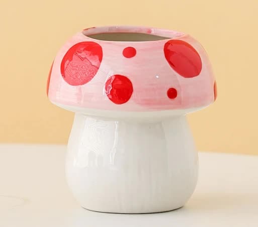 Pink And Red Adorable Ceramic Mushroom Desk Organizer - Cute Pen &amp; Makeup Brush Holder