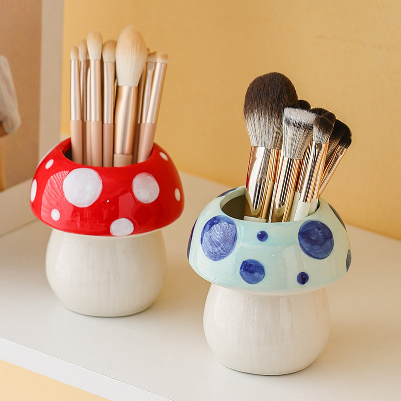 Pink And Red Adorable Ceramic Mushroom Desk Organizer - Cute Pen & Makeup Brush Holder