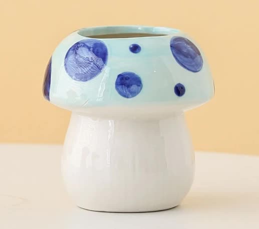 Blue Adorable Ceramic Mushroom Desk Organizer - Cute Pen &amp; Makeup Brush Holder