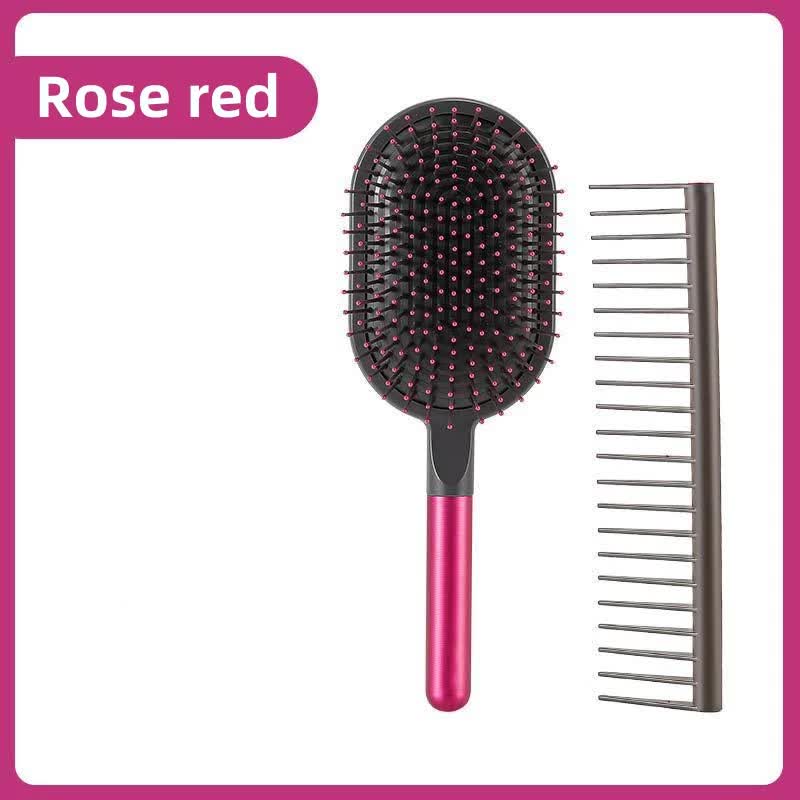 Rose Red Air Cushion Massage Paddle Brush &amp; Wide Tooth Comb Set - Gentle Detangling for All Hair Types