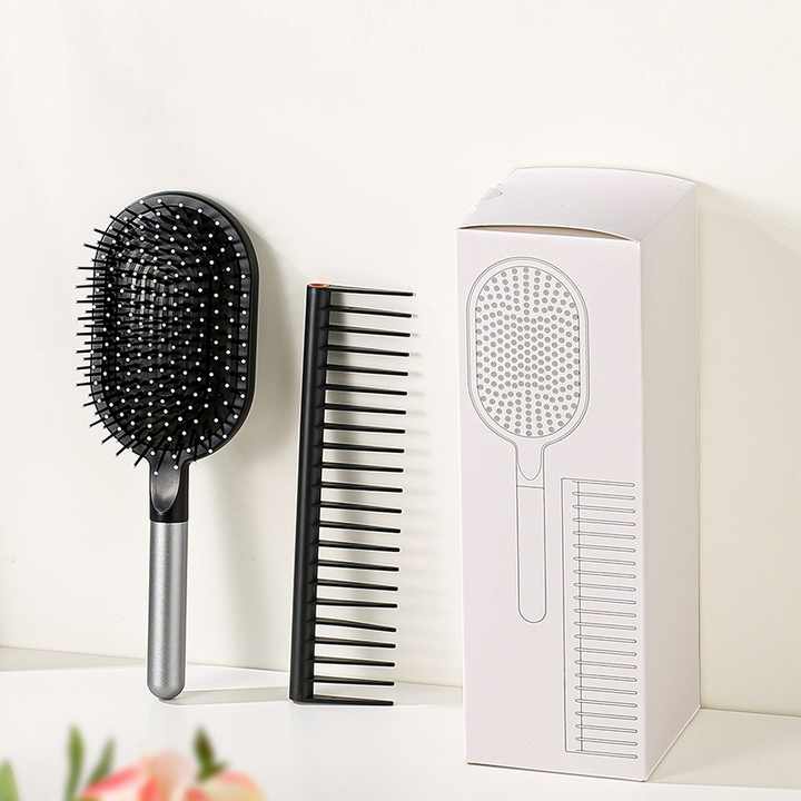 Grey Air Cushion Massage Paddle Brush & Wide Tooth Comb Set - Gentle Detangling for All Hair Types