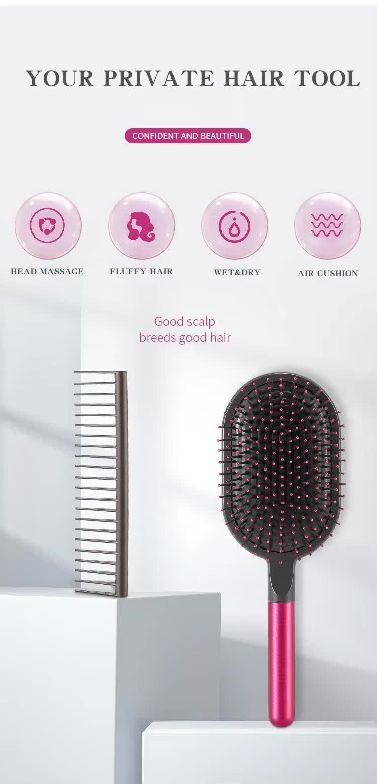 Grey Air Cushion Massage Paddle Brush & Wide Tooth Comb Set - Gentle Detangling for All Hair Types