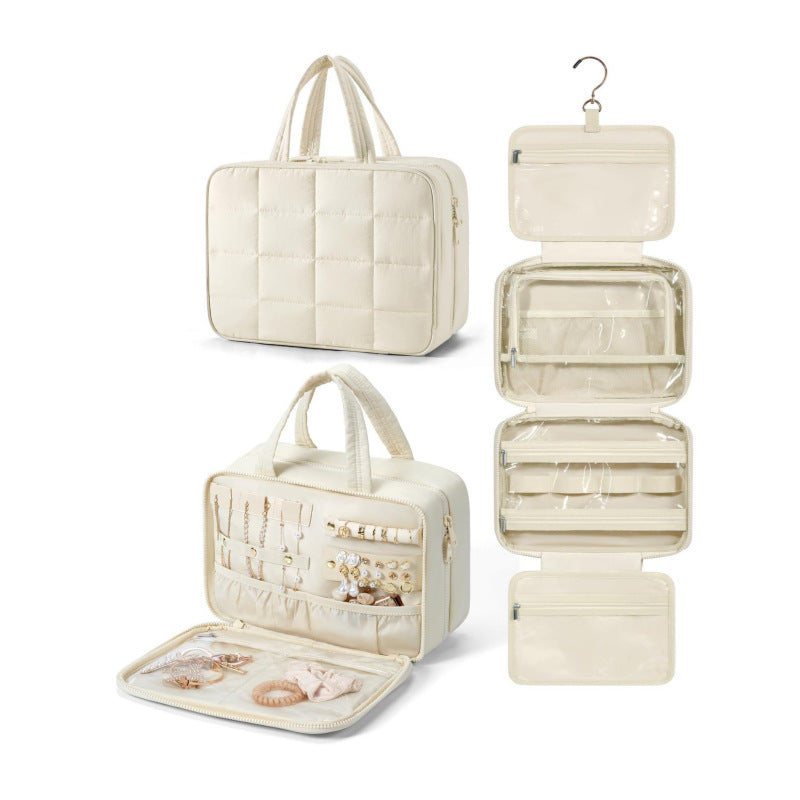 Size M Beige Quilted Hanging Toiletry Bag with Jewelry Organizer - Travel Cosmetic Case(28*12*20)