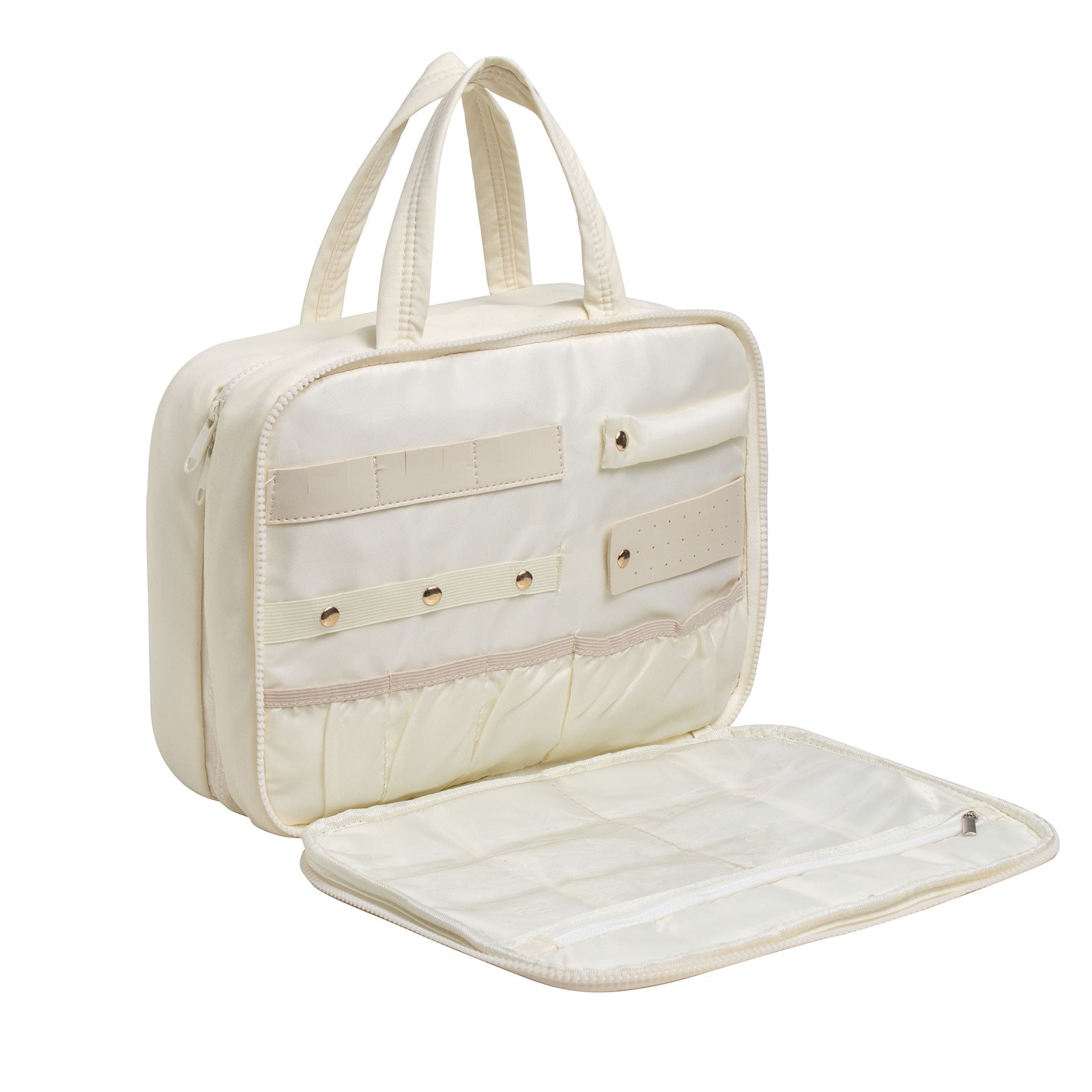 Size M Beige Quilted Hanging Toiletry Bag with Jewelry Organizer - Travel Cosmetic Case(28*12*20)