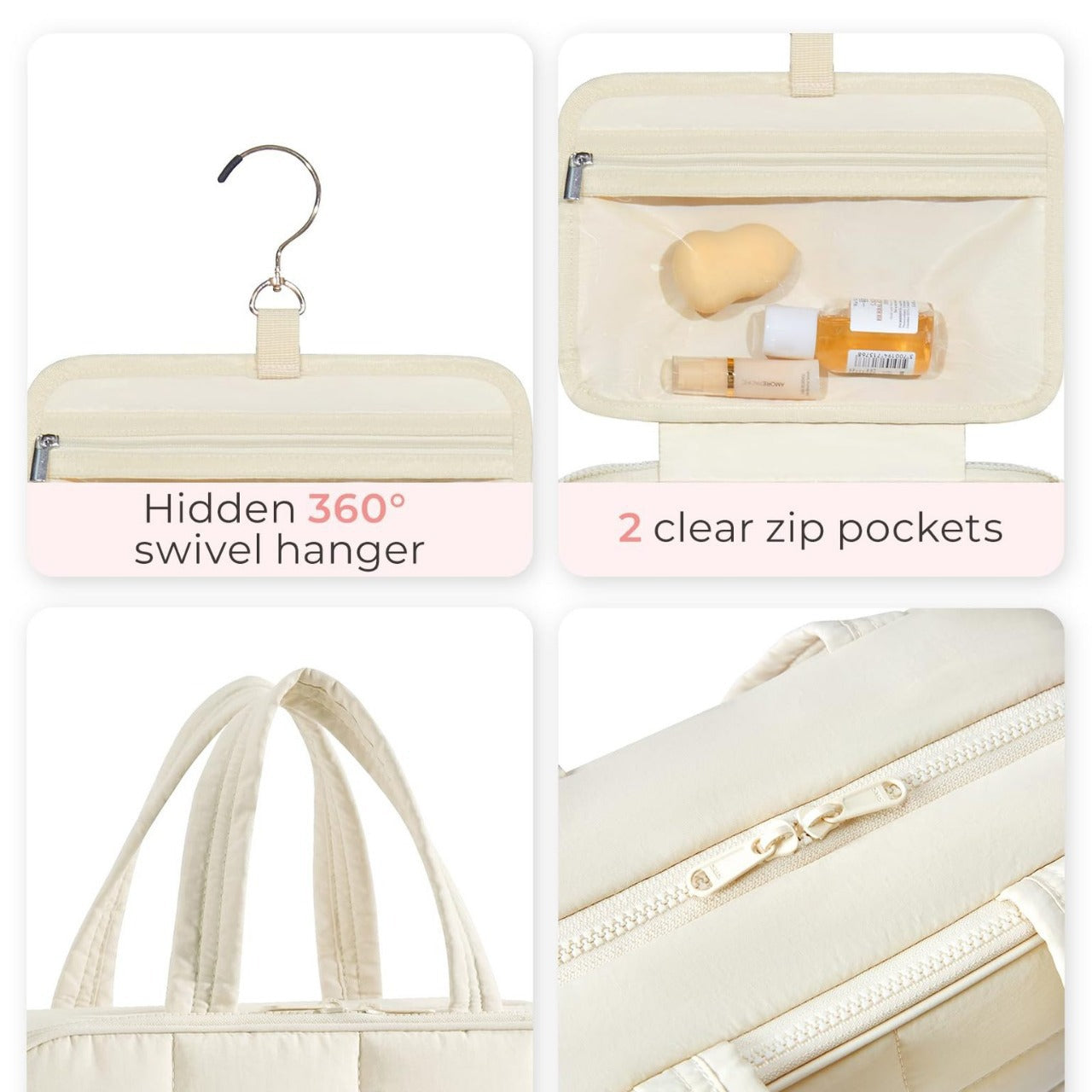 Size L Beige Quilted Hanging Toiletry Bag with Jewelry Organizer - Travel Cosmetic Case(31*12*23)
