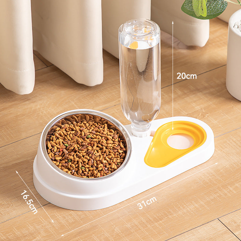 White And Yellow Pet Bowl Set with Automatic Gravity Water Dispenser - Stainless Steel &amp; PP Feeder Station