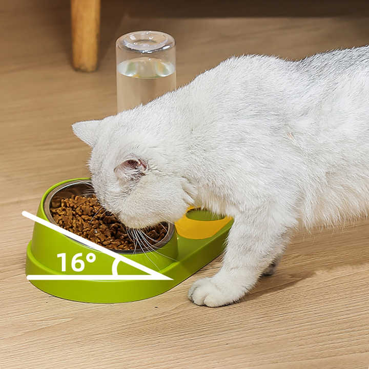 White And Yellow Pet Bowl Set with Automatic Gravity Water Dispenser - Stainless Steel & PP Feeder Station