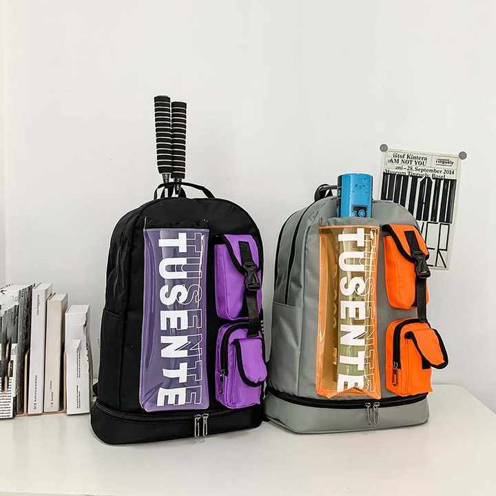 Orange And Grey Stylish Sports Backpack with Contrast Pockets - Unisex Gym Bag for Badminton & Tennis