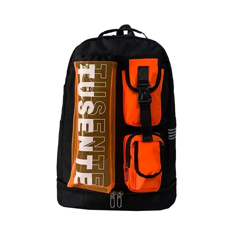 Orange And Black Stylish Sports Backpack with Contrast Pockets - Unisex Gym Bag for Badminton &amp; Tennis