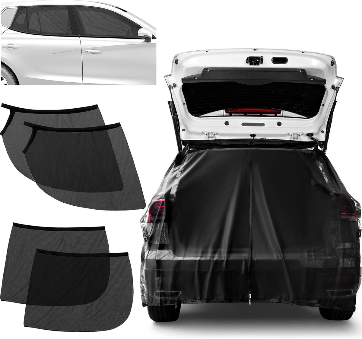 Size XL Black Magnetic Car Window Sun Shade Screens &amp; SUV Tailgate Mosquito Net Set - Breathable Bug Protection