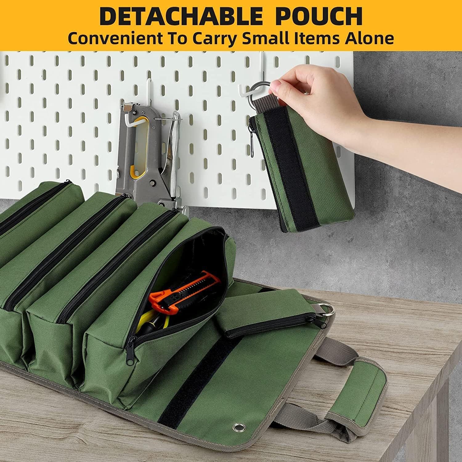 Green Heavy Duty Roll-Up Tool Bag Organizer - Waterproof Oxford Fabric Pouch with Multiple Pockets