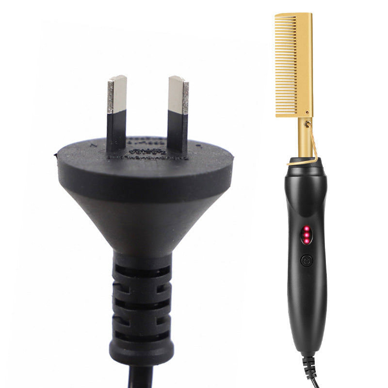 Gold and Black Electric Hot Comb Hair Straightener - Fast Heating Styling Tool with 3 Temp Settings &amp; Anti-Scald Guard