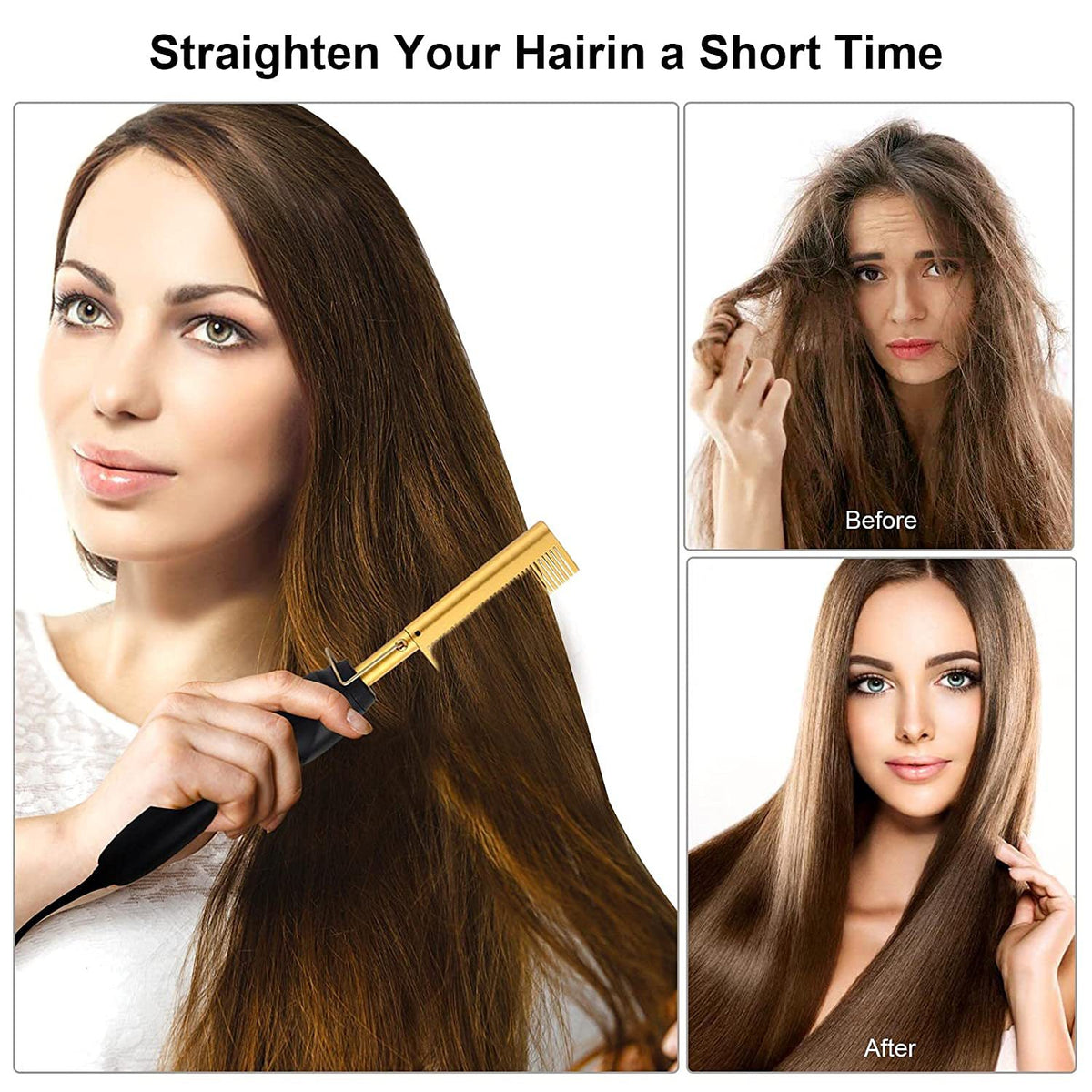 Gold and Black Electric Hot Comb Hair Straightener - Fast Heating Styling Tool with 3 Temp Settings & Anti-Scald Guard