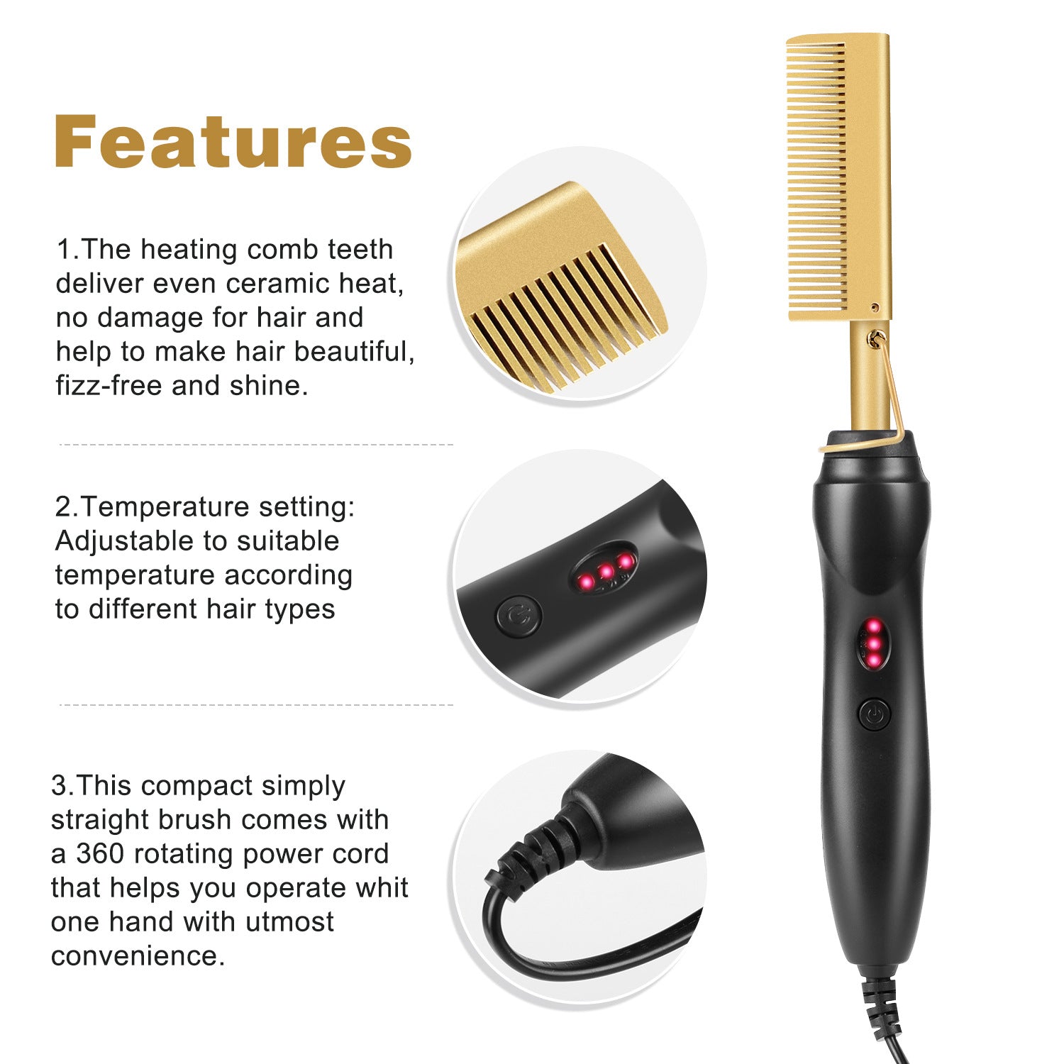 Gold and Black Electric Hot Comb Hair Straightener - Fast Heating Styling Tool with 3 Temp Settings & Anti-Scald Guard