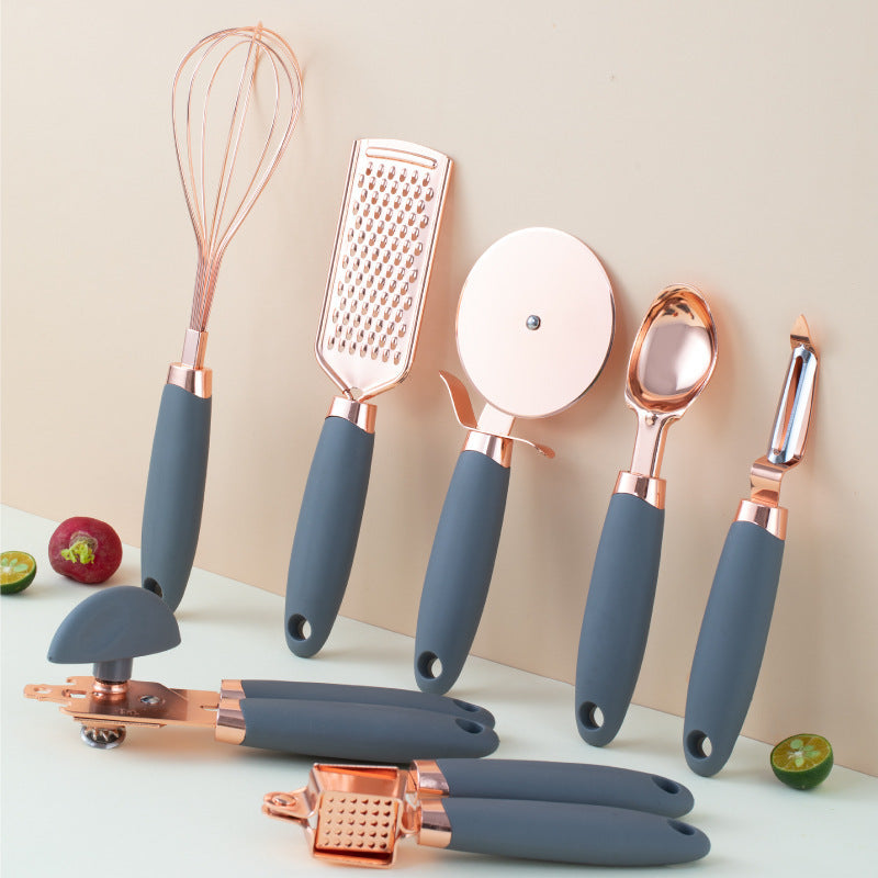 Grey And Rose Gold 7-Piece Kitchen Gadget Set - Stainless Steel Utensils with Comfort Grip Handles