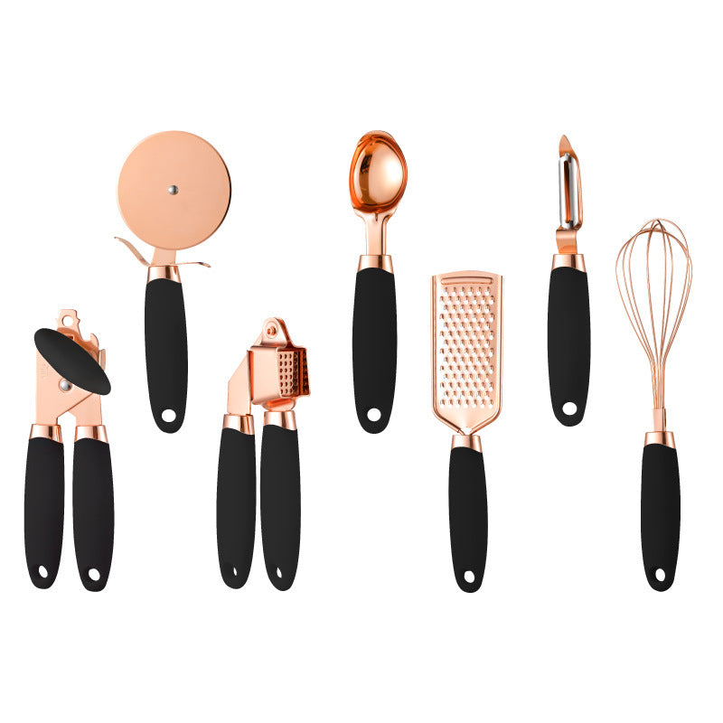 Green And Rose Gold 7-Piece Kitchen Gadget Set - Stainless Steel Utensils with Comfort Grip Handles