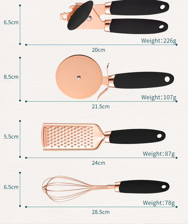 Blue And Rose Gold 7-Piece Kitchen Gadget Set - Stainless Steel Utensils with Comfort Grip Handles