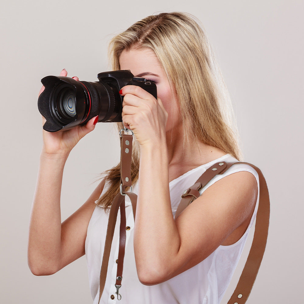 Black Adjustable Genuine Leather Camera Strap - Crossbody Shoulder Sling for DSLR/SLR(The camera is a prop and is not included)