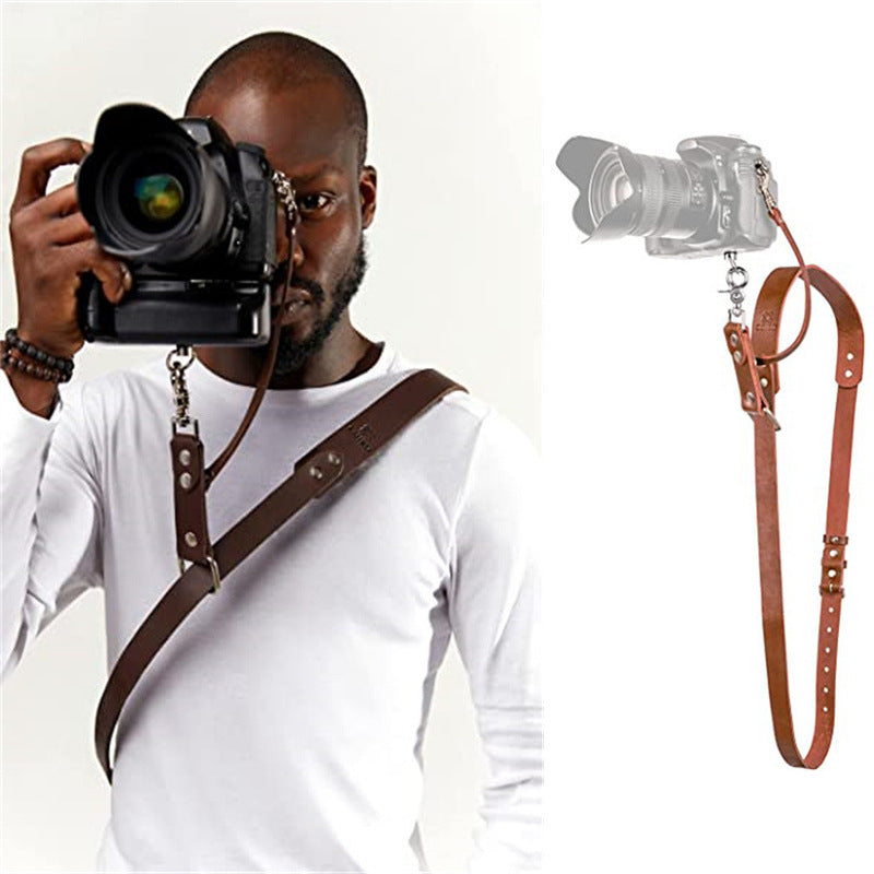 Black Adjustable Genuine Leather Camera Strap - Crossbody Shoulder Sling for DSLR/SLR(The camera is a prop and is not included)
