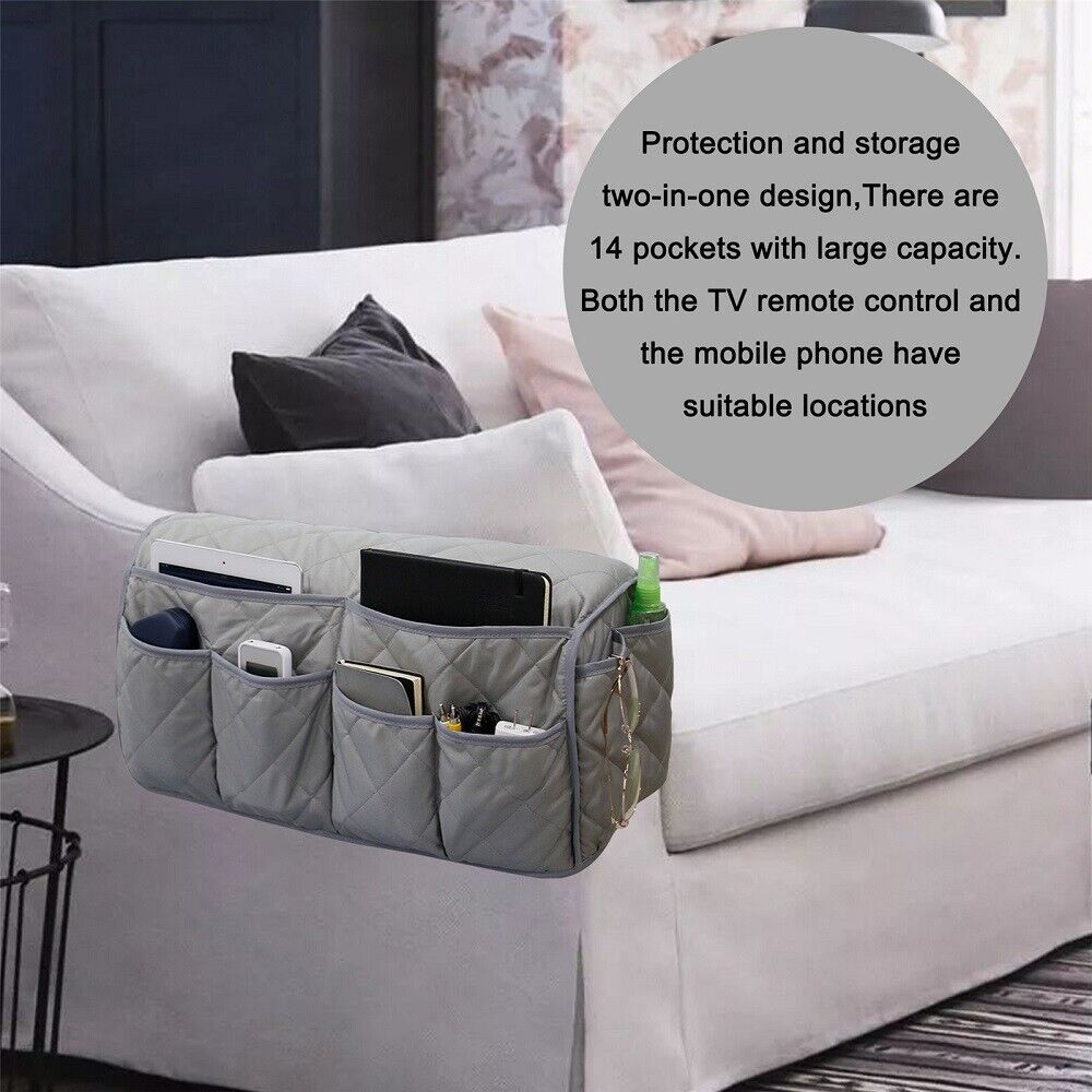 2 Pcs Grey Quilted Sofa Armrest Organizer Caddy - Multi-Pocket Remote Control Holder Bag