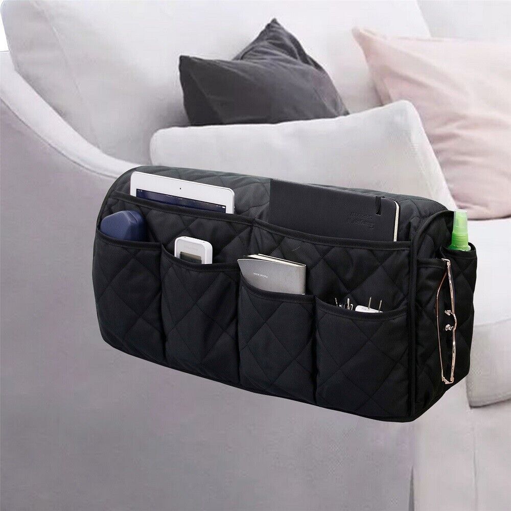 2 Pcs Blue Quilted Sofa Armrest Organizer Caddy - Multi-Pocket Remote Control Holder Bag