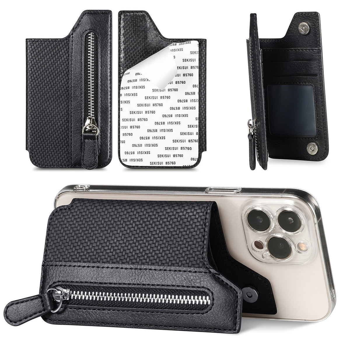 2 Pcs Black Multifunction Stick-On Phone Wallet - PU Leather Card Holder with Zipper &amp; Flip Cover