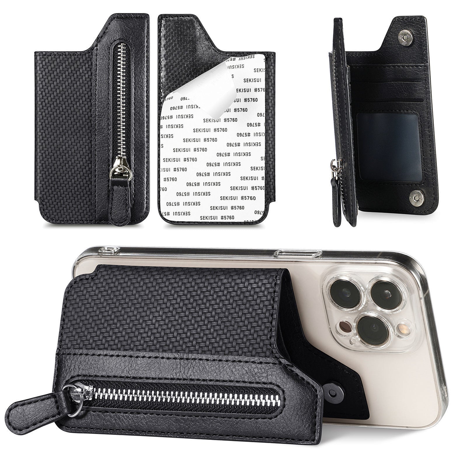 2 Pcs Black Multifunction Stick-On Phone Wallet - PU Leather Card Holder with Zipper & Flip Cover
