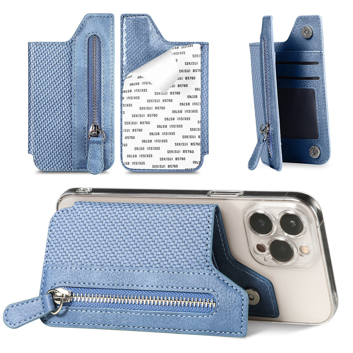 2 Pcs Blue Multifunction Stick-On Phone Wallet - PU Leather Card Holder with Zipper &amp; Flip Cover