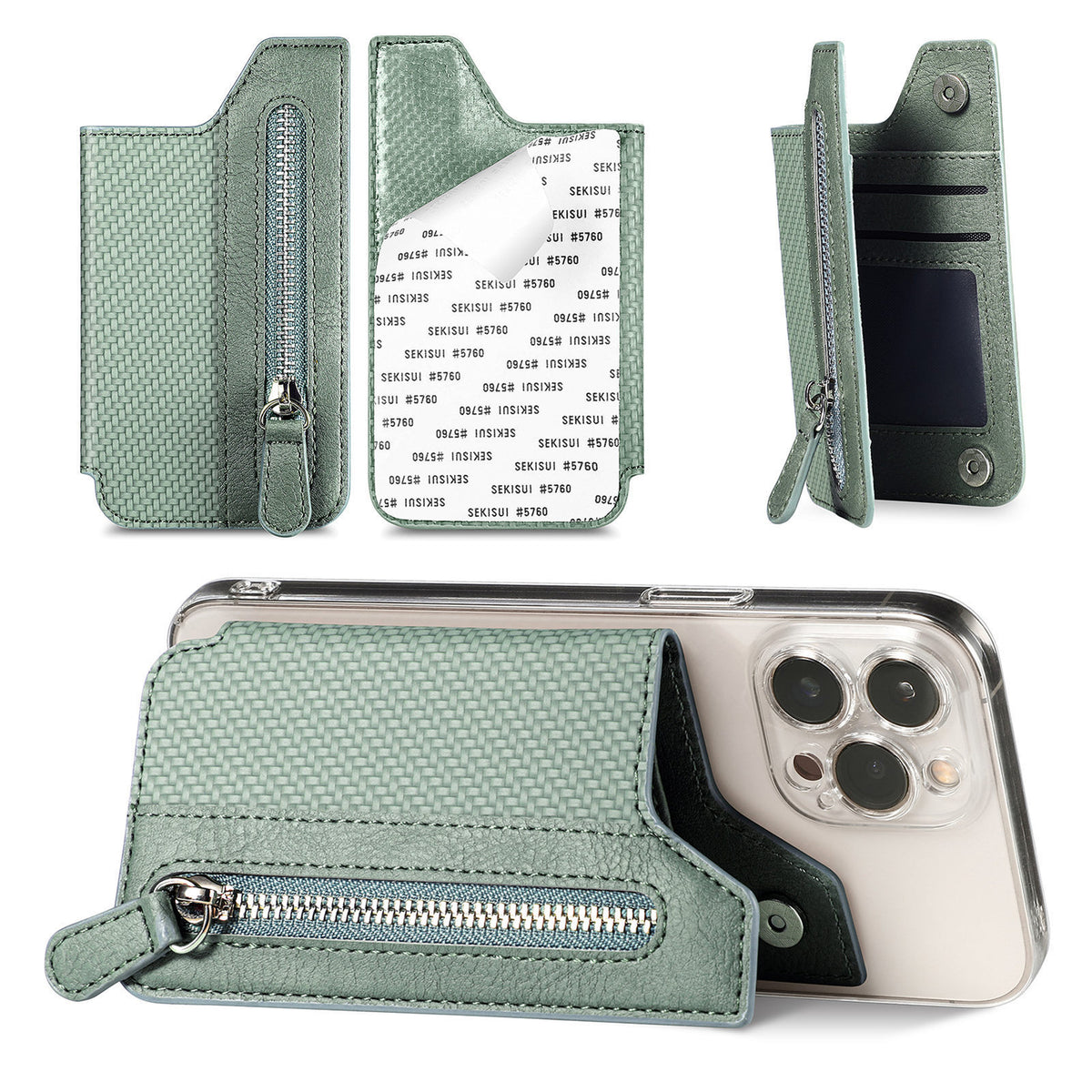 2 Pcs Green Multifunction Stick-On Phone Wallet - PU Leather Card Holder with Zipper &amp; Flip Cover