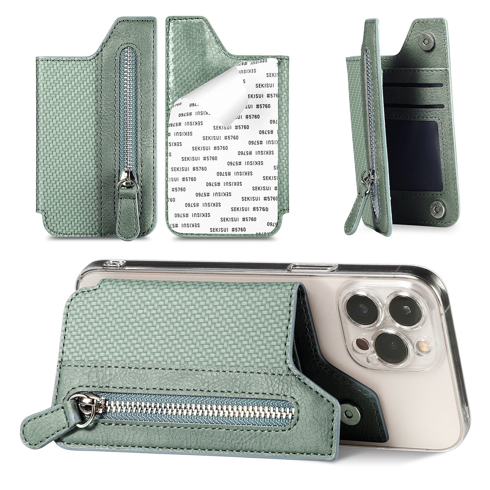 2 Pcs Green Multifunction Stick-On Phone Wallet - PU Leather Card Holder with Zipper & Flip Cover
