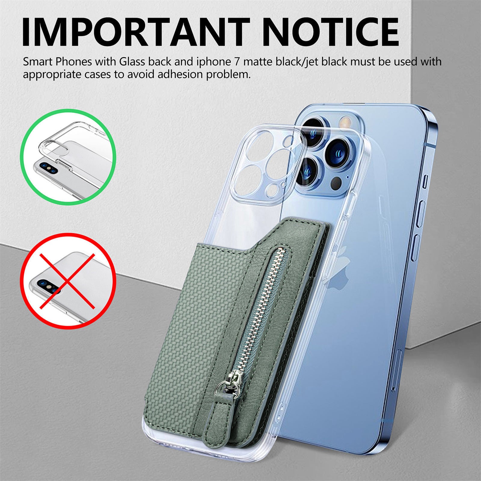 2 Pcs Green Multifunction Stick-On Phone Wallet - PU Leather Card Holder with Zipper & Flip Cover