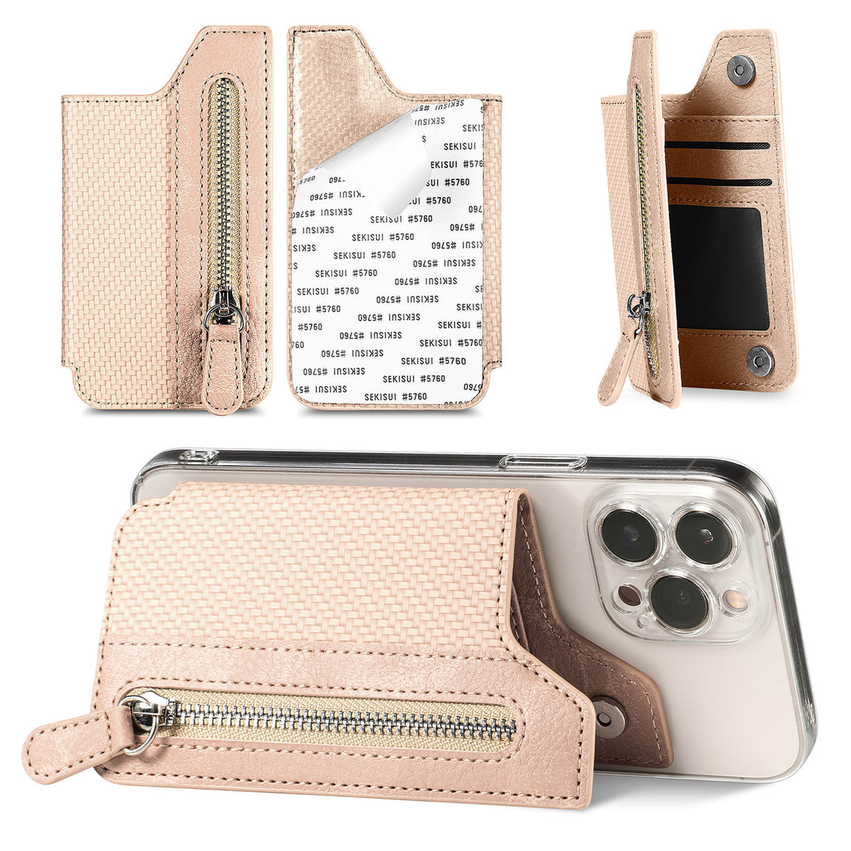 2 Pcs Khaki Multifunction Stick-On Phone Wallet - PU Leather Card Holder with Zipper &amp; Flip Cover