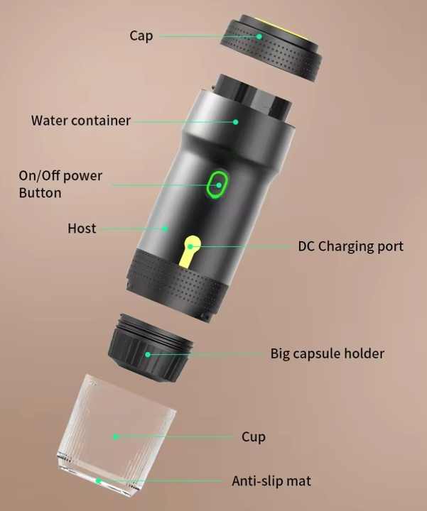 Silver 3-in-1 Portable Electric Espresso Maker - Rechargeable Travel Coffee Machine for Capsules & Ground Coffee