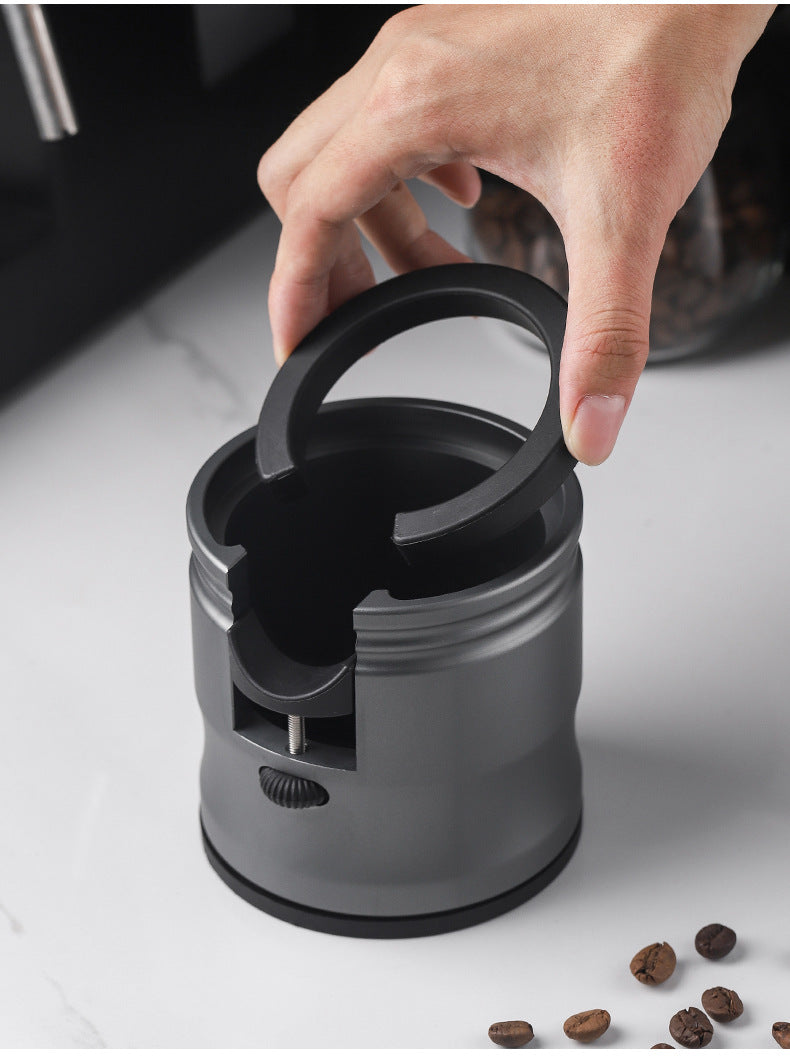 Silver Round Professional Aluminum Espresso Tamping Station - Adjustable Portafilter Holder Stand