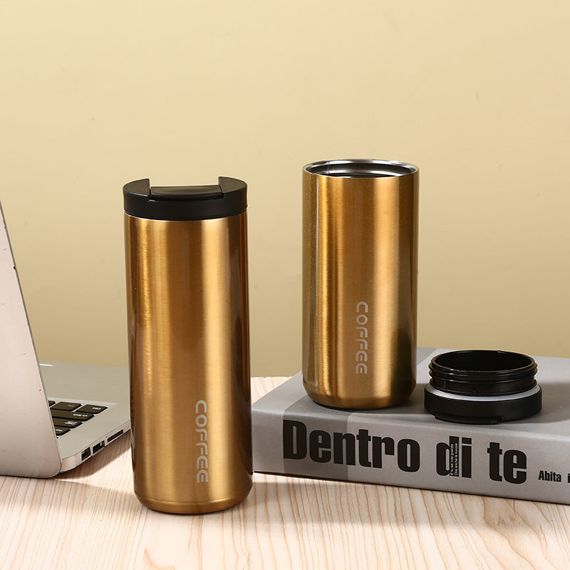 Gold Sleek Insulated Stainless Steel Coffee Tumbler Set (400ml &amp; 500ml) - One-Touch Lid Travel Mugs