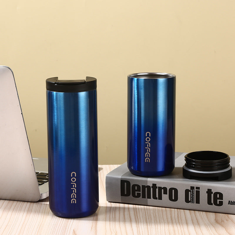 Blue Gradient Color Sleek Insulated Stainless Steel Coffee Tumbler Set (400ml & 500ml) - One-Touch Lid Travel Mugs