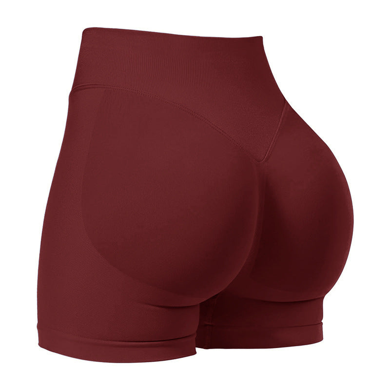 L Wine Red High-Elastic Hip Yoga Shorts - Seamless Mid-Intensity Pilates Workout Shorts