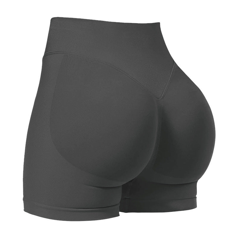 L Grey High-Elastic Hip Yoga Shorts - Seamless Mid-Intensity Pilates Workout Shorts