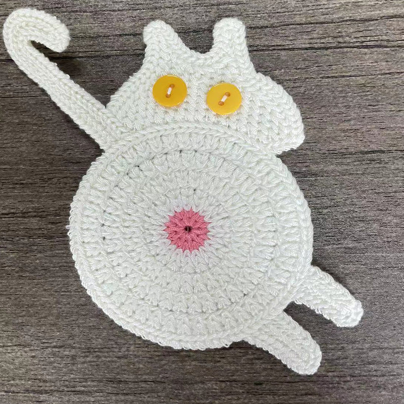 White Cat Butt Coasters 3-Piece Set - Cute Knitted Drink Coasters for Cat Lovers