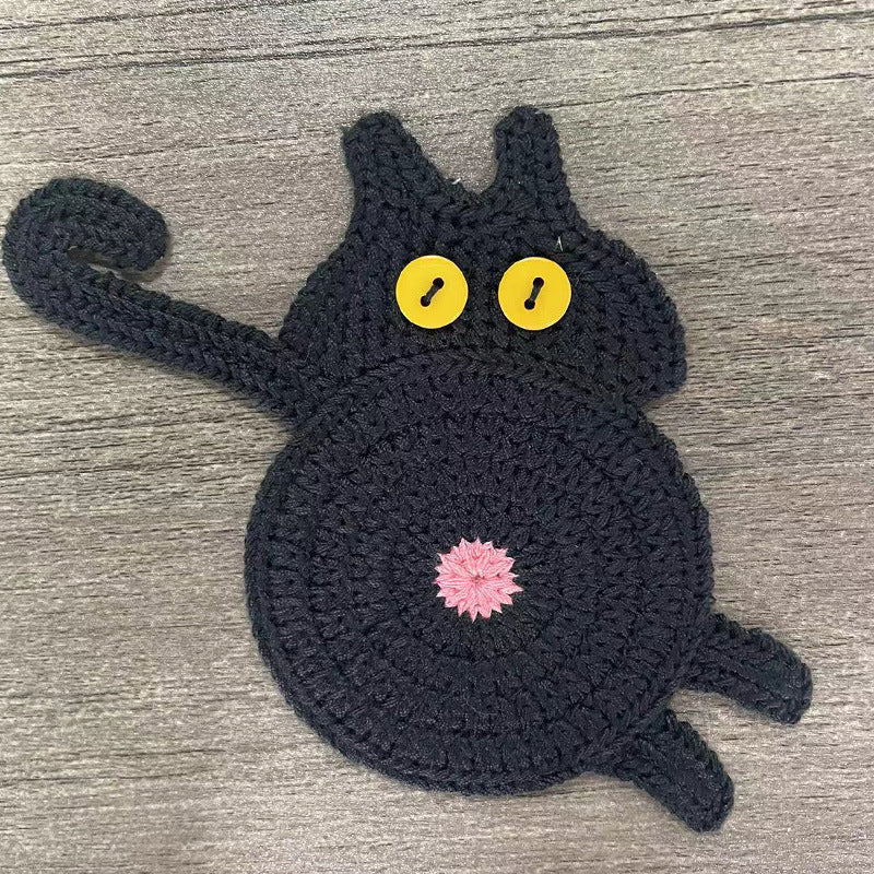 Black Cat Butt Coasters 3-Piece Set - Cute Knitted Drink Coasters for Cat Lovers