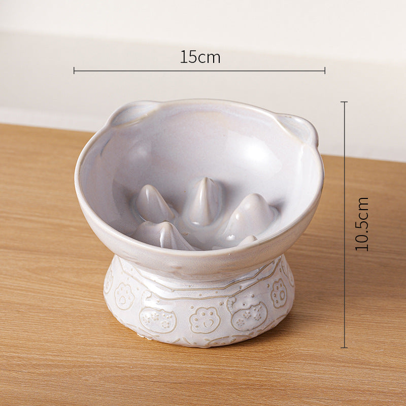 White Vintage Slow Feeder Ceramic Pet Bowl - Anti-Choke Wide-Mouth Design for Cats &amp; Dogs, Prevents Black Chin