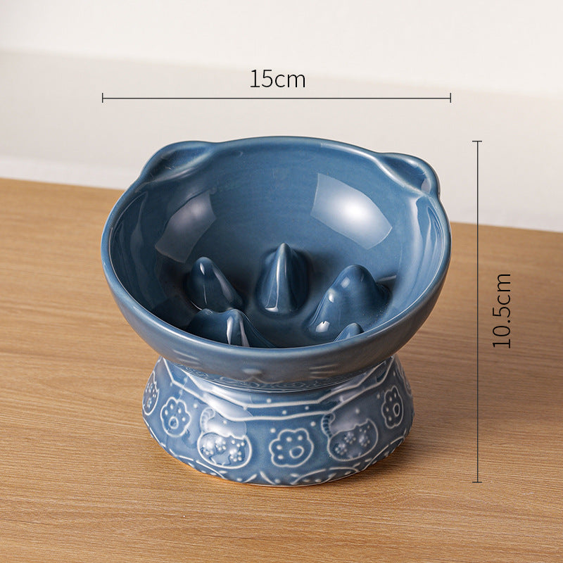 Blue Vintage Slow Feeder Ceramic Pet Bowl - Anti-Choke Wide-Mouth Design for Cats &amp; Dogs, Prevents Black Chin