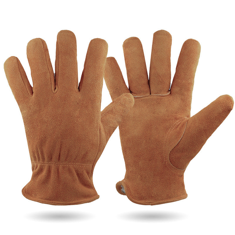 L Coffee Durable Cowhide Work Gloves - Insulated Windproof Anti-Slip for Outdoor Handling &amp; Cycling
