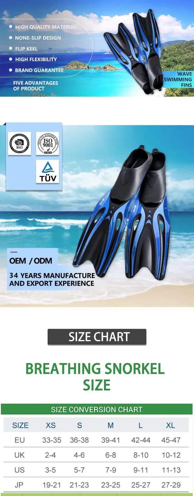 L Blue Adult Professional TPR Swim Fins - Rubber Snorkeling Flippers for Diving and Free Swimming