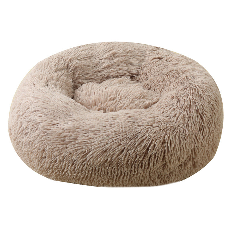 Khaki 50cm Cozy Round Pet Bed - Plush Cat &amp; Dog Bed with Non-Slip Base, Machine Washable
