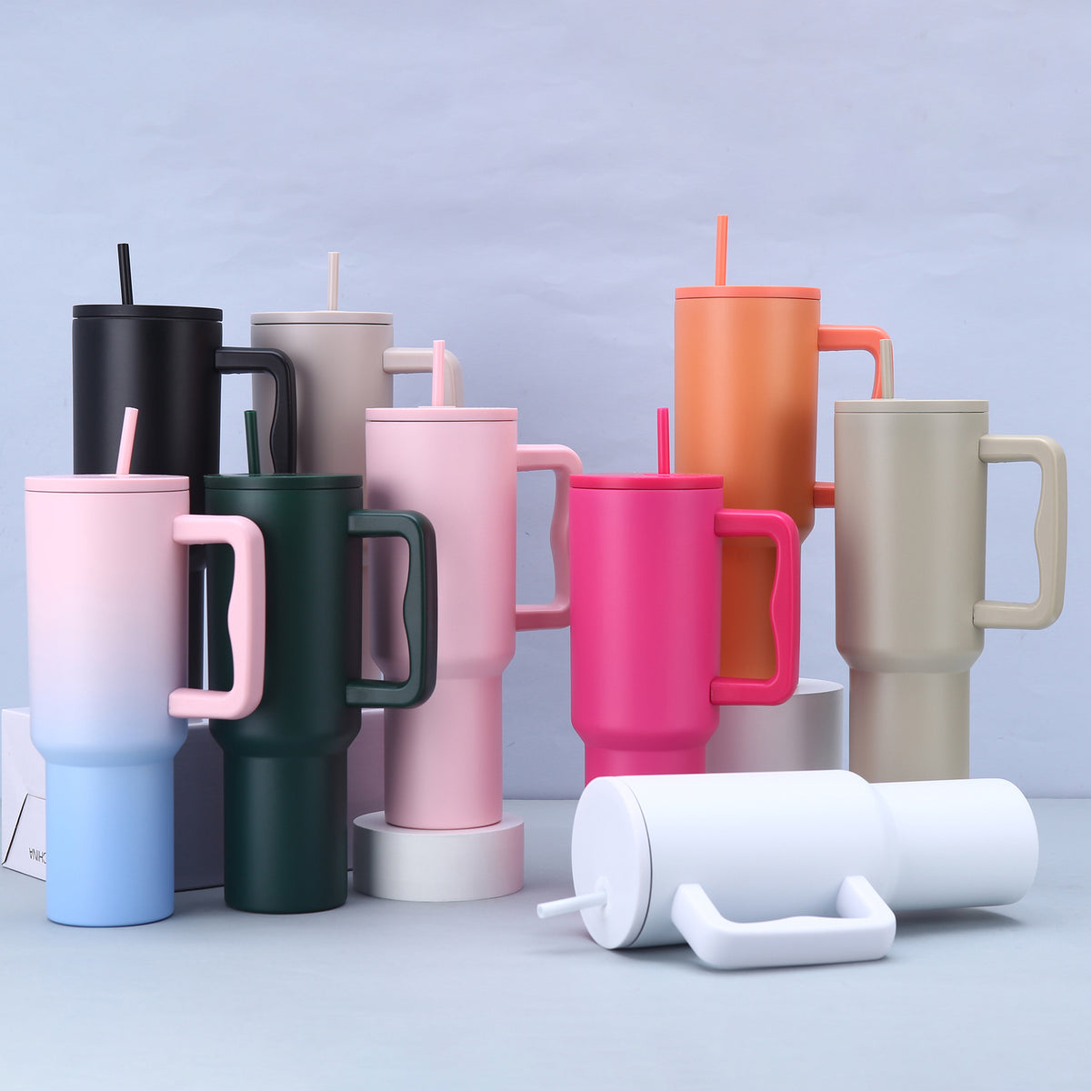 White 40oz Stainless Steel Tumbler with Handle & Straw - Large Capacity Car Cup