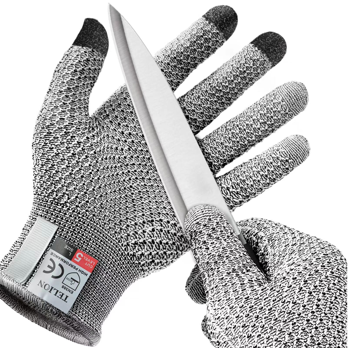 Grey 3-Pack Cut Resistant Gloves (Level 5 Protection) - Pineapple Grip, Touchscreen Compatible, Food Safe for Kitchen, Butcher &amp; Fish Cleaning - One Size Fits Most