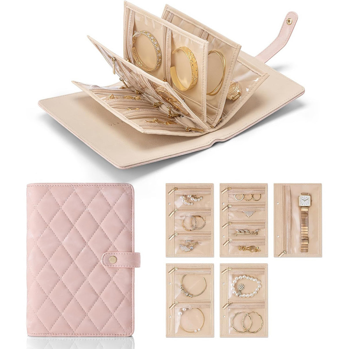 Pink Foldable Travel Jewelry Organizer - Velvet Zippered Case with Transparent Pages &amp; Detachable Pouches