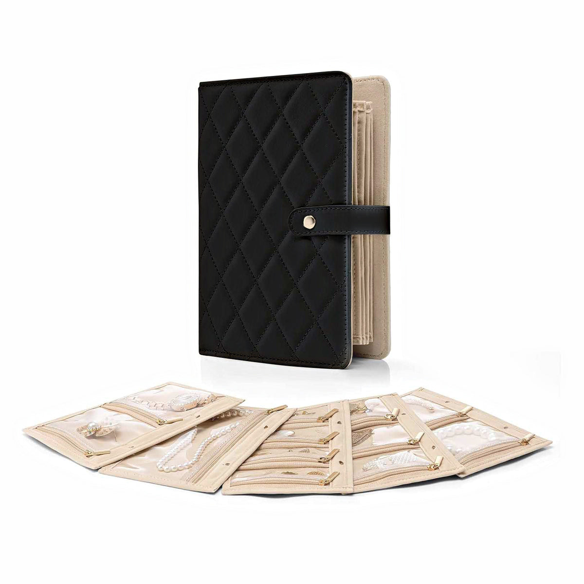 Black Foldable Travel Jewelry Organizer - Velvet Zippered Case with Transparent Pages &amp; Detachable Pouches