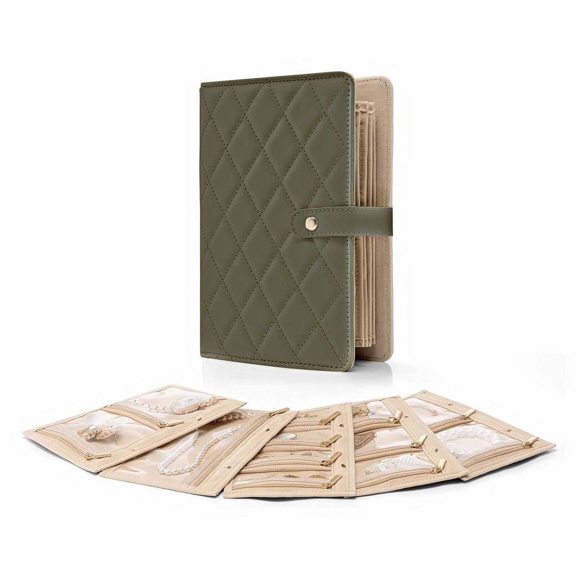 Green Foldable Travel Jewelry Organizer - Velvet Zippered Case with Transparent Pages &amp; Detachable Pouches